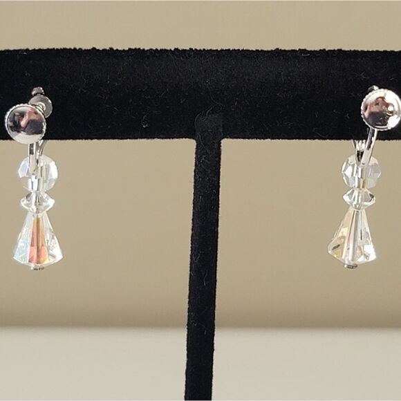 Vintage Crystal AB Silver Tone Screw Back Earrings #510 - Picture 7 of 16